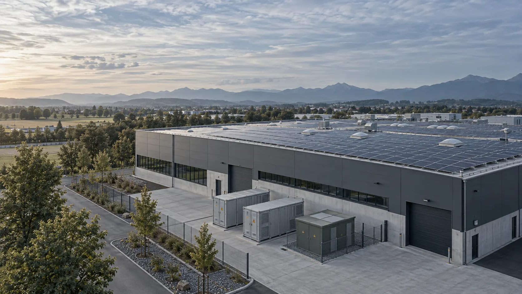 Gewerbehalle mit Photovoltaik auf dem Flachdach, Batteriespeicher-Containern und Trafostation im Hof